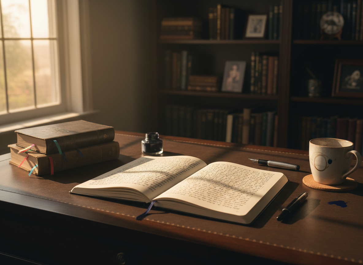 A meticulously arranged writing desk in a quiet study, featuring a sleek dark-wood surface with a matte finish. At the center sits an open linen-textured notebook filled with dense handwritten lines, beside a fountain pen with a deep blue ink stain on its silver nib. A small stack of well-worn Jewish texts with cloth bookmarks anchors one side, while a ceramic mug with faint tea rings rests on a cork coaster. Warm late-afternoon sunlight pours in from a tall window, casting long, contemplative shadows across the pages. Photographic realism, shot at eye level with a shallow depth of field so the foreground is crisp and the background shelves blur softly. The mood is thoughtful, sophisticated, and intimate, evoking quiet reflection on faith, identity, and Jewish life.