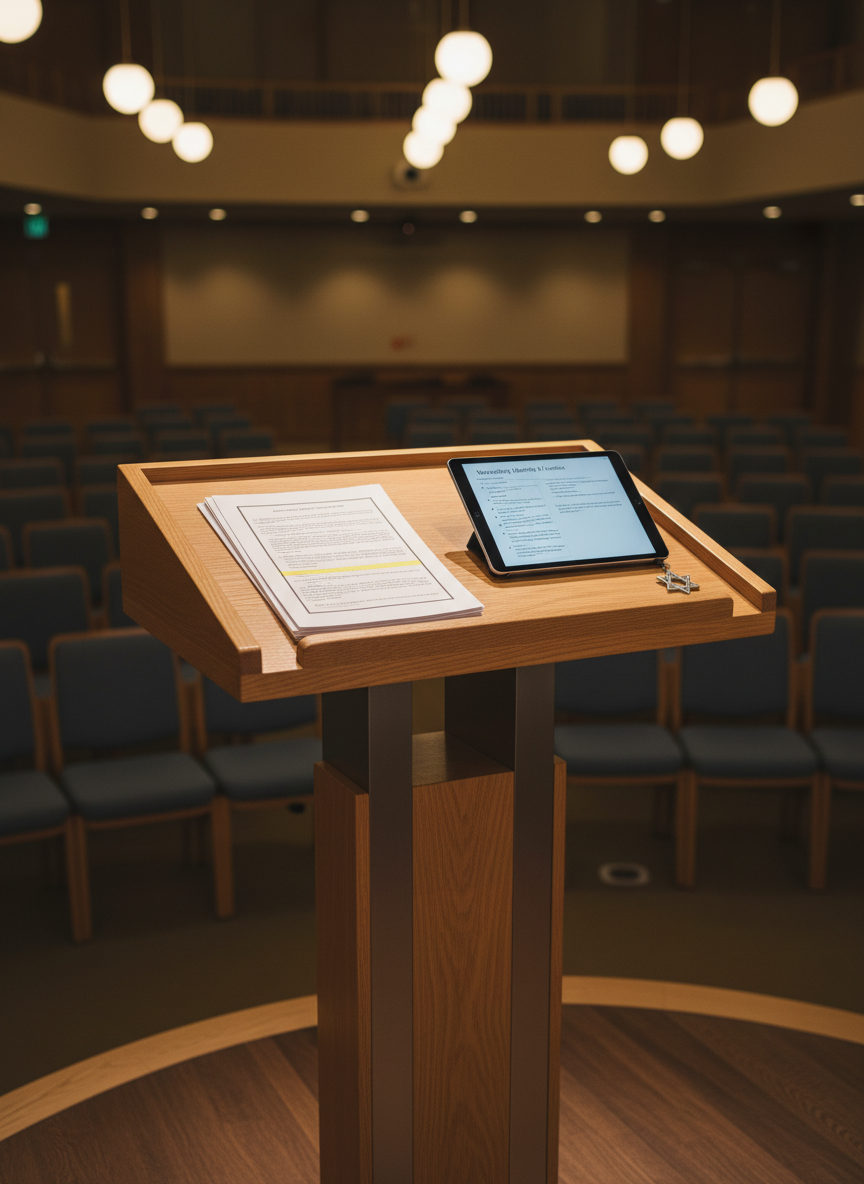 A modern, minimalist lectern made of light oak and brushed metal stands alone on a small stage in a warmly lit community center. On its surface lies a stack of printed pages with tidy margins and highlighted passages, next to a tablet displaying organized notes and a subtle Star of David charm resting beside it. In the softly blurred background, rows of empty upholstered chairs form gentle arcs, suggesting a gathering yet to arrive. Overhead pendant lights cast a warm, even glow, with a subtle spotlight from above illuminating the lectern’s top. Photographic realism, captured from a slightly low, three-quarter angle to give the lectern presence and gravitas. The mood is anticipatory, thoughtful, and dignified, suggesting a nuanced talk on Jewish life, antisemitism, mental health, and social justice.