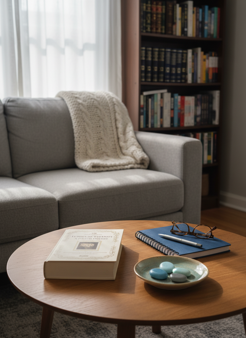 A cozy living room scene centered on a low, round wooden coffee table holding an open hardcover book about Jewish history, a spiral-bound journal with a pen resting diagonally across it, and a pair of folded reading glasses. Nearby, a delicate ceramic dish contains a few smooth worry stones in calming blues and grays, subtly hinting at mental health and healing. In the background, a soft gray couch is draped with a knitted throw blanket, and a tall bookshelf displays a blend of Jewish texts and contemporary titles. Diffused morning light enters through sheer curtains, creating gentle highlights and soft shadows. Photographic realism, shot from a slightly elevated angle with moderate depth of field, evoking a warm, introspective, and safe atmosphere for exploring family, faith, and emotional wellbeing.
