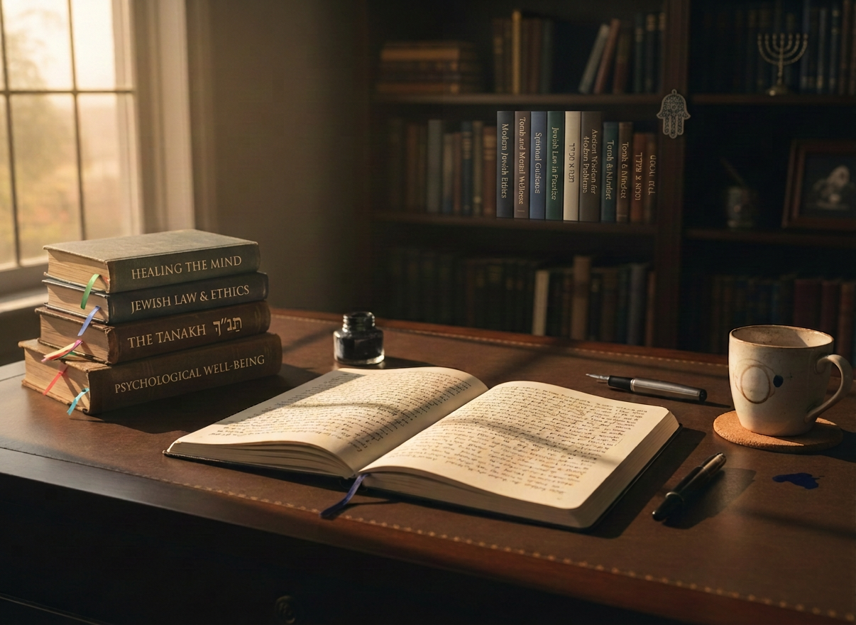 Jewish life A meticulously arranged writing desk in a quiet study, featuring a sleek dark-wood surface with a matte finish. At the center sits an open linen-textured notebook filled with dense handwritten lines, beside a fountain pen with a deep blue ink stain on its silver nib. A small stack of well-worn Jewish texts with cloth bookmarks anchors one side, while a ceramic mug with faint tea rings rests on a cork coaster. Warm late-afternoon sunlight pours in from a tall window, casting long, contemplative shadows across the pages. Photographic realism, shot at eye level with a shallow depth of field so the foreground is crisp and the background shelves blur softly. The mood is thoughtful, sophisticated, and intimate, evoking quiet reflection on faith, identity, and Jewish life.