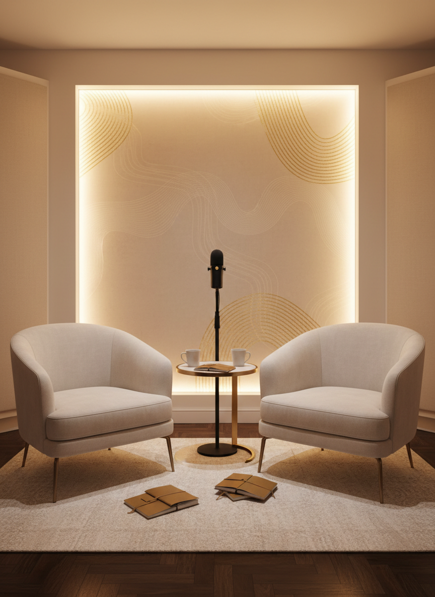 An elegant, sophisticated scene suggesting interviews, podcasts, and speaking engagements — a beautifully lit podcast studio setup with two chairs facing each other, a sleek microphone on a stand, warm ambient lighting, soft cream and gold tones, professional and intimate atmosphere, no people, editorial feel